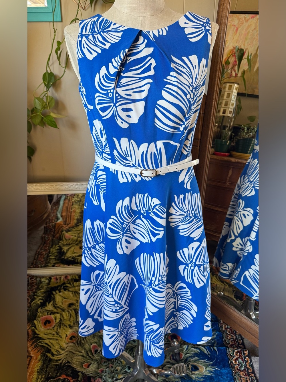 dressbarn Blue and White Tropical Fit-and-Flare Dress, size 12